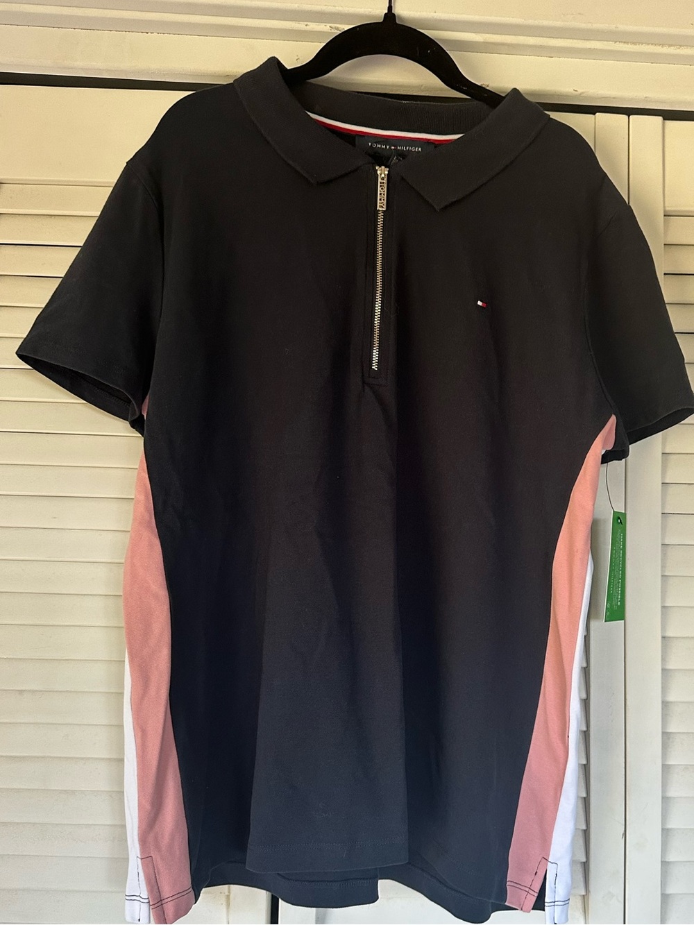 Tommy Hilfiger Black Polo with Pink Side Panels and Zip Front